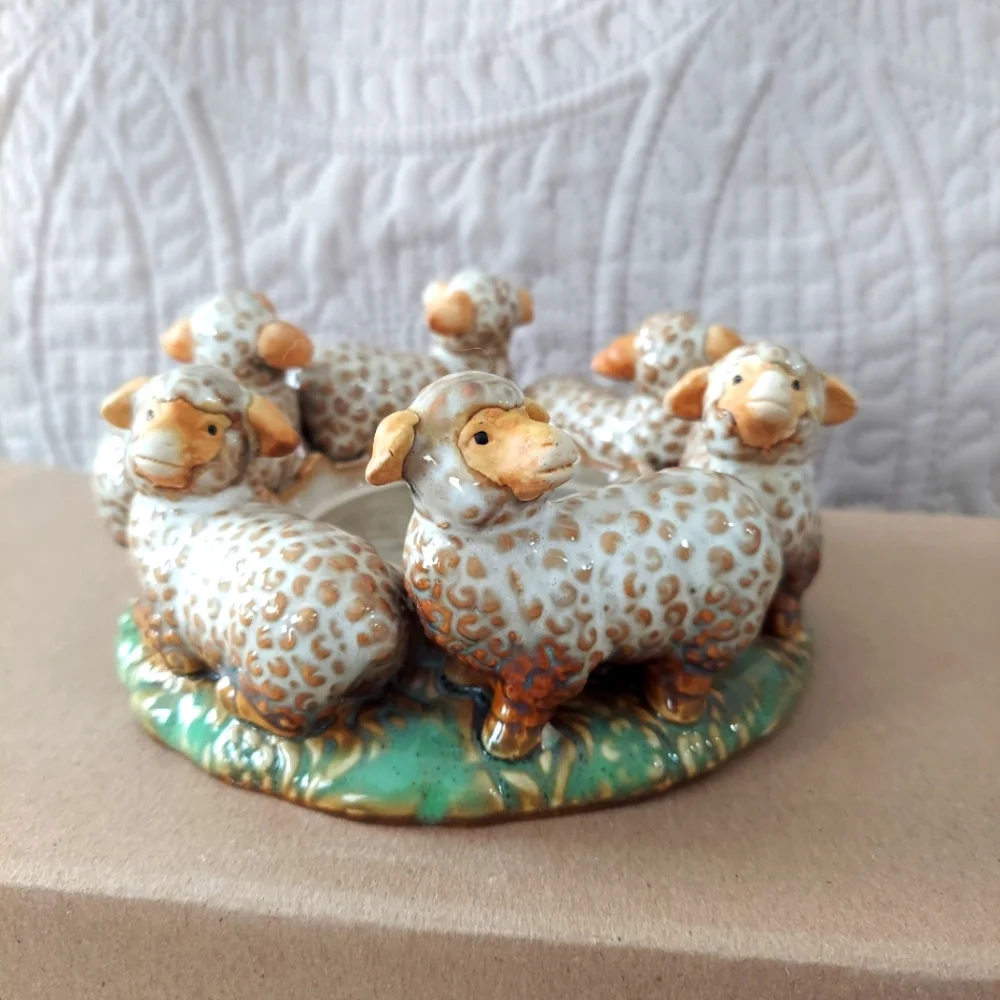 Studio art glazed stoneware pillar candle with lambs